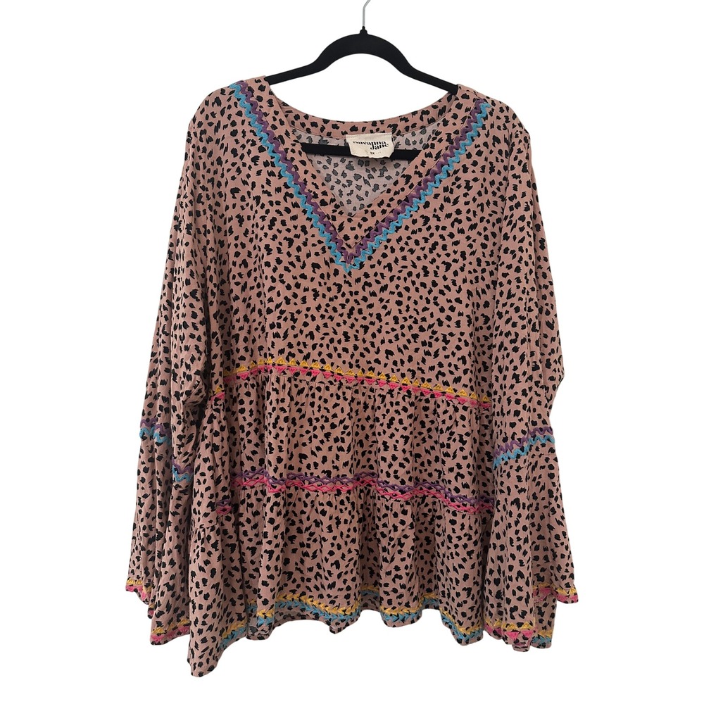 Savanna Jane Leopard Print Tiered Babydoll Top 3X Boho Embroidered Bell Sleeve